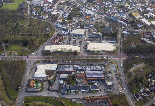 Aerial view, Dortmunder Straße shopping centre with DM, Rewe, Aldi and Edeka supermarket, St.