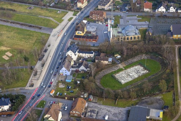 Aerial view, DitiB Ulu Camii Mosque and Barbara Stadium Dortmunder Straße, Herringen district,