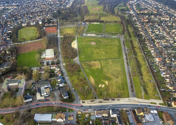 Aerial view, Lippepark, Glück-Auf-Stadion sports ground and tennis courts Tennisclub Herringen 1956