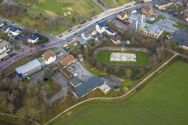 Aerial view, DitiB Ulu Camii Mosque and Barbara Stadium Dortmunder Straße, Herringen district,