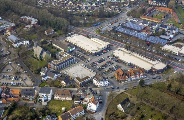 Aerial view, Dortmunder Straße shopping centre with DM, Aldi and Edeka supermarket, St. Victor's