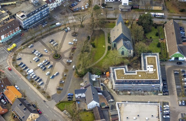 Aerial view, Protestant St. Victor's Church, construction site with new building and car park