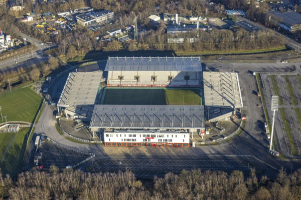 Aerial view, football stadium at the Hafenstraße of the club Rot-Weiß Essen, 3rd Bundesliga,
