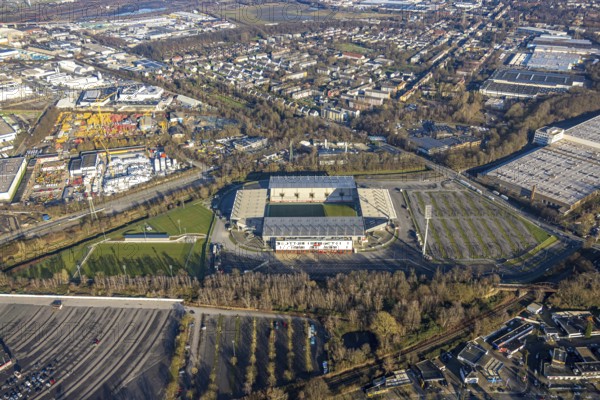 Aerial view, football stadium at the Hafenstraße of the club Rot-Weiß Essen, 3rd Bundesliga,