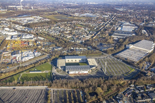 Aerial view, football stadium at the Hafenstraße of the club Rot-Weiß Essen, 3rd Bundesliga,