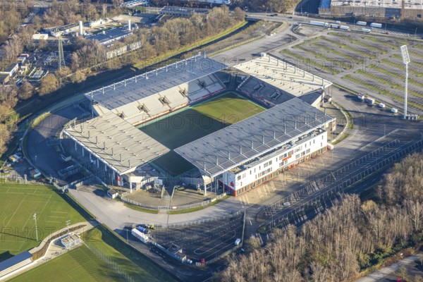 Aerial view, football stadium at the Hafenstraße of the club Rot-Weiß Essen, 3rd Bundesliga,
