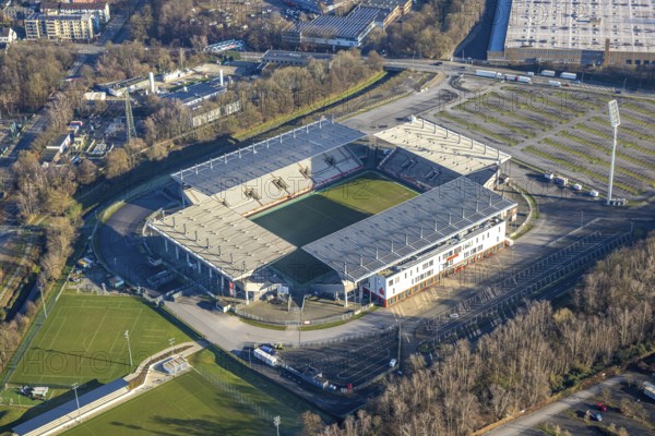 Aerial view, football stadium at the Hafenstraße of the club Rot-Weiß Essen, 3rd Bundesliga,