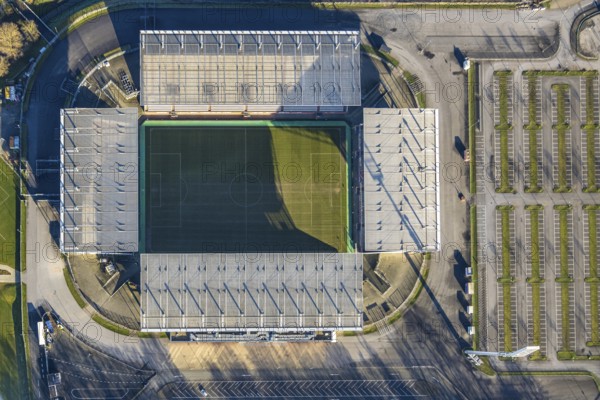 Aerial view, football stadium at the Hafenstraße of the club Rot-Weiß Essen, 3rd Bundesliga,
