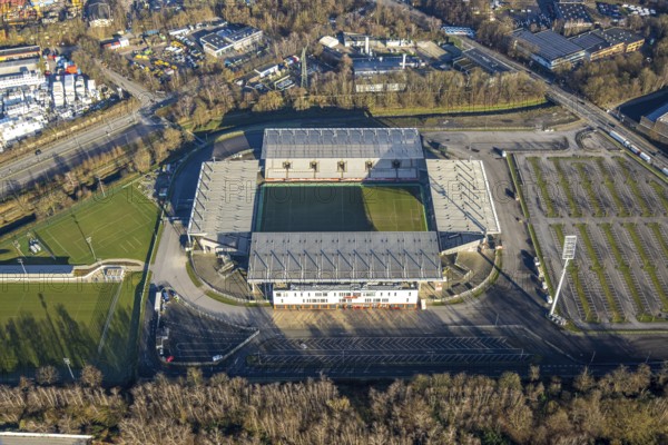 Aerial view, football stadium at the Hafenstraße of the club Rot-Weiß Essen, 3rd Bundesliga,