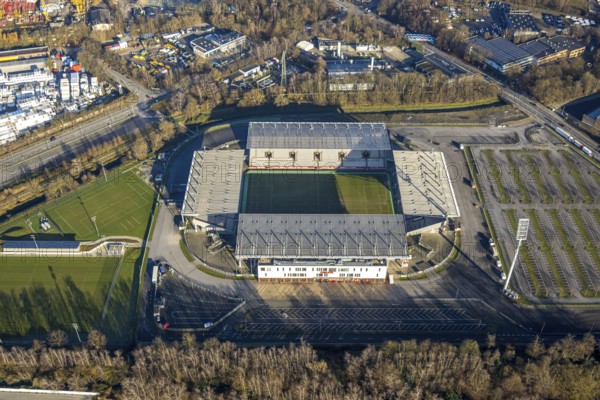 Aerial view, football stadium at the Hafenstraße of the club Rot-Weiß Essen, 3rd Bundesliga,