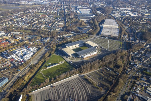 Aerial view, football stadium at the Hafenstraße of the club Rot-Weiß Essen, 3rd Bundesliga,