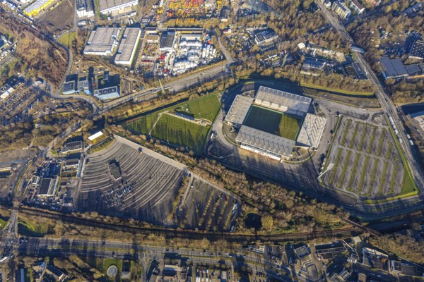 Aerial view, football stadium at the Hafenstraße of the club Rot-Weiß Essen, 3rd Bundesliga,