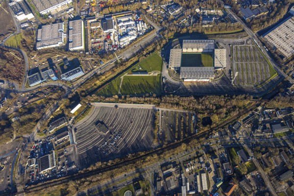 Aerial view, football stadium at the Hafenstraße of the club Rot-Weiß Essen, 3rd Bundesliga,