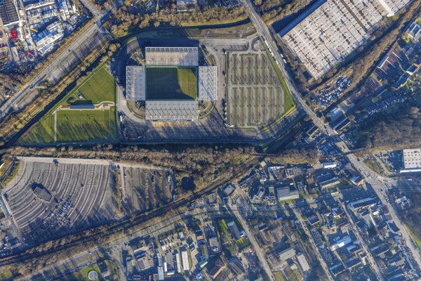 Aerial view, football stadium at the Hafenstraße of the club Rot-Weiß Essen, 3rd Bundesliga,