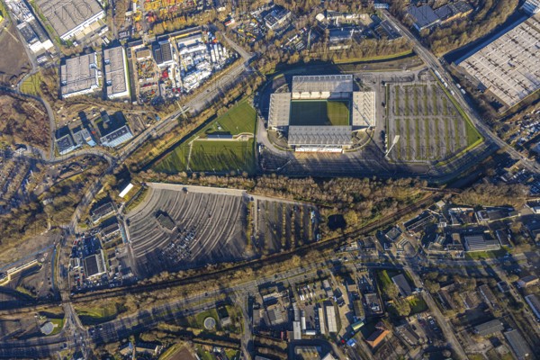 Aerial view, football stadium at the Hafenstraße of the club Rot-Weiß Essen, 3rd Bundesliga,