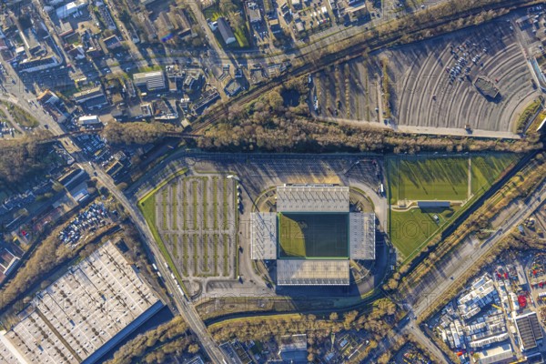 Aerial view, football stadium at the Hafenstraße of the club Rot-Weiß Essen, 3rd Bundesliga,