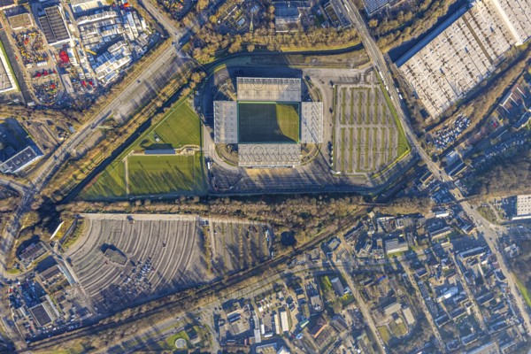 Aerial view, football stadium at the Hafenstraße of the club Rot-Weiß Essen, 3rd Bundesliga,