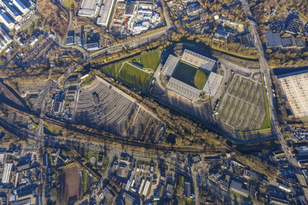 Aerial view, football stadium at the Hafenstraße of the club Rot-Weiß Essen, 3rd Bundesliga,
