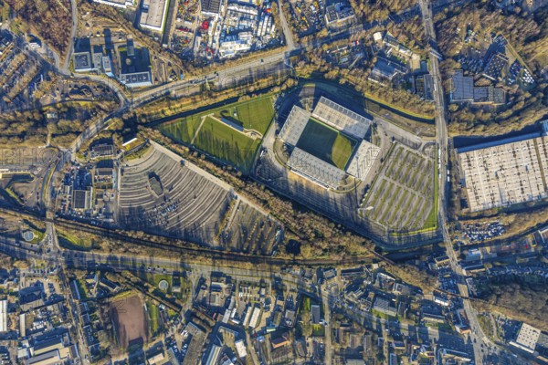 Aerial view, football stadium at the Hafenstraße of the club Rot-Weiß Essen, 3rd Bundesliga,