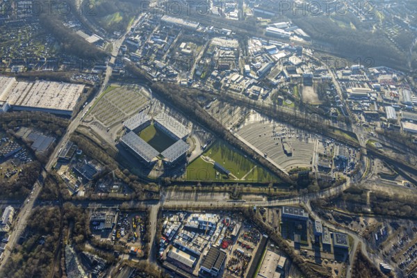 Aerial view, football stadium at the Hafenstraße of the club Rot-Weiß Essen, 3rd Bundesliga,