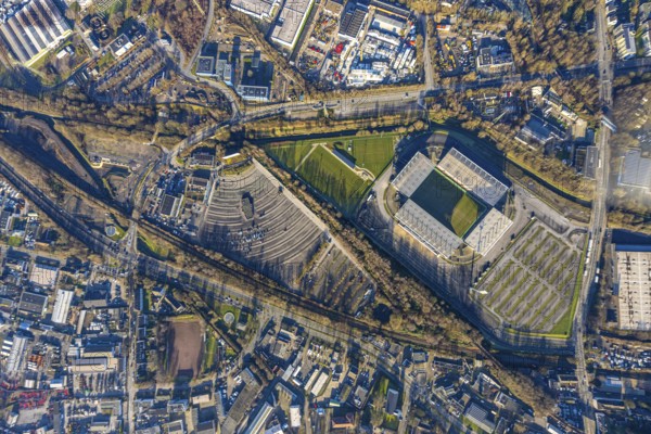 Aerial view, football stadium at the Hafenstraße of the club Rot-Weiß Essen, 3rd Bundesliga,