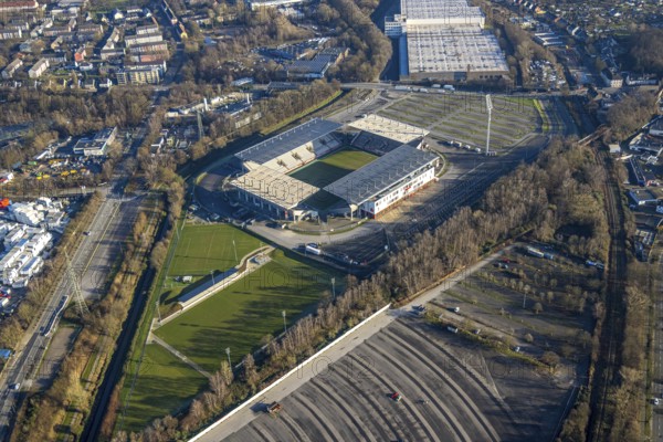 Aerial view, football stadium at the Hafenstraße of the club Rot-Weiß Essen, 3rd Bundesliga,