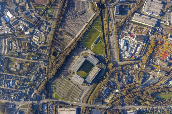 Aerial view, football stadium at the Hafenstraße of the club Rot-Weiß Essen, 3rd Bundesliga,