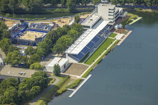 Aerial view, modernisation regatta house and grandstand at the regatta course, Neudorf, Duisburg,