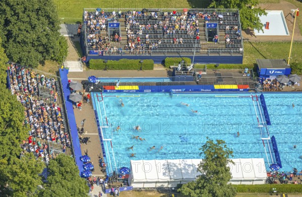 Aerial view, sports park with outdoor swimming pool swimming stadium ASC Dusiburg at Kruppstraße,