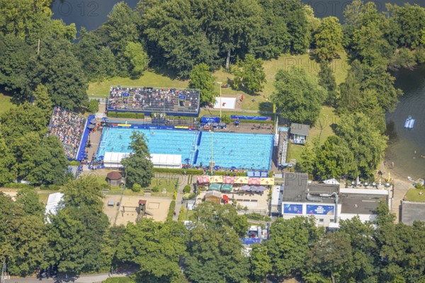 Aerial view, sports park with outdoor swimming pool swimming stadium ASC Dusiburg at Kruppstraße,