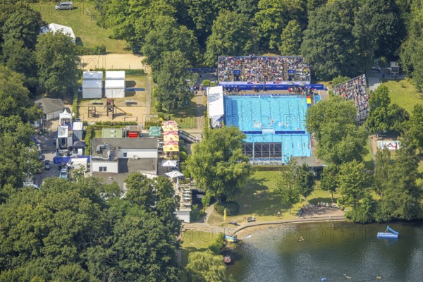 Aerial view, sports park with outdoor swimming pool swimming stadium ASC Dusiburg at Kruppstraße,