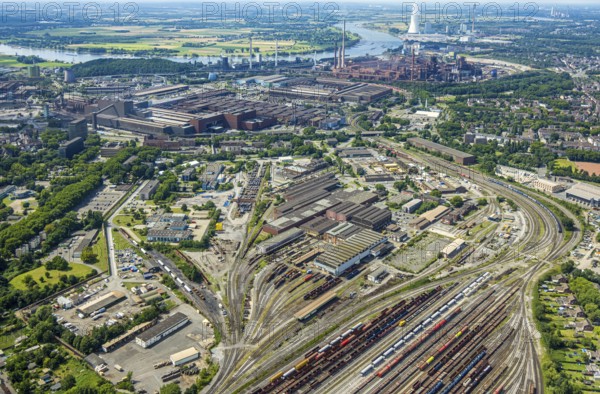 Aerial view, reserve parts centre Duisburg thyssenkrupp Steel Europe AG and goods station, rear