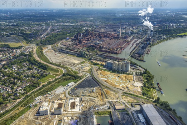 Aerial view, Schwelgern works harbour and thyssenkrupp Steel Europe AG and construction site on the