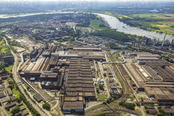 Aerial view, thyssenkrupp Steel Europe - Warmbandwerk, river Rhine, behind Hamborn power station,