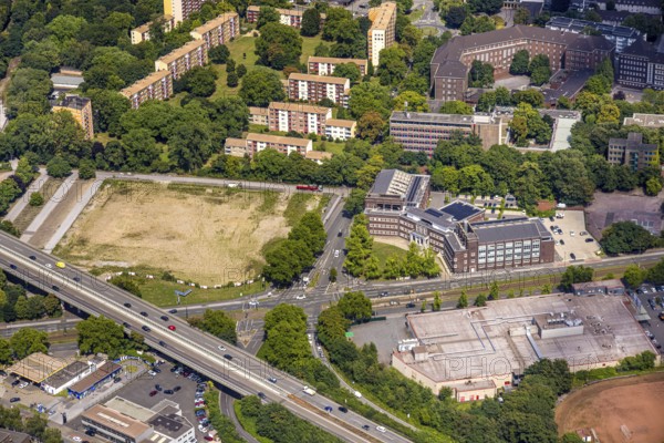 Aerial view, job centre in the former municipal swimming pool, derelict site of the former