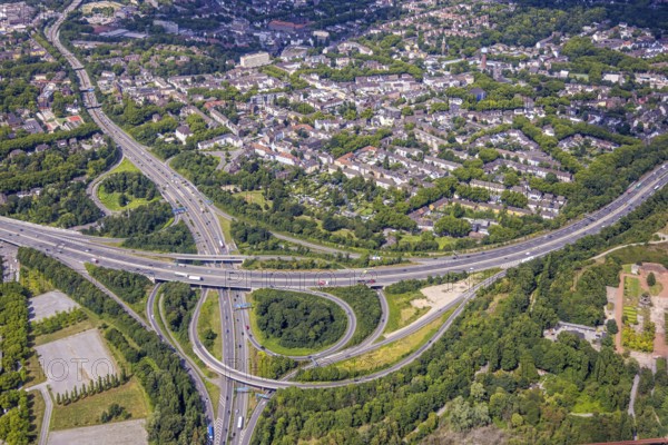 Aerial view, motorway junction Duisburg-Nord with motorway A42 and motorway A59, residential area