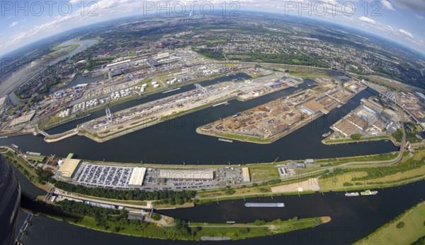 Aerial view, general view Duisburg harbour Ruhrort, globe, fisheye shot, fisheye shot, 360 degree