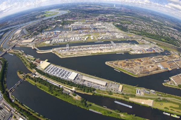 Aerial view, general view Duisburg harbour Ruhrort, globe, fisheye shot, fisheye shot, 360 degree