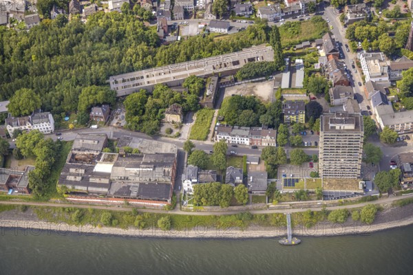 Aerial view, river Rhine and Hotel Rheingarten high-rise, abandoned former factory Schmitz Söhne