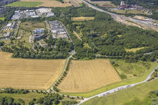 Aerial view, business park Asterlagen and park, meadow area and area for new animal shelter