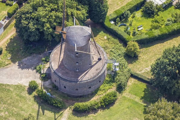 Aerial view, Bergheimer Mühle, Dutch windmill and sight, Bergheim, Duisburg, Ruhr area, North