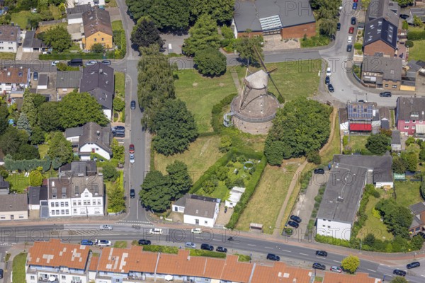 Aerial view, Bergheimer Mühle, Dutch windmill and sight, Bergheim, Duisburg, Ruhr area, North