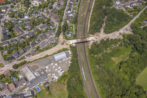 Aerial view, construction site with new bridge An der Cölve over railway tracks, Moers-Schwafheim,