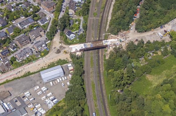 Aerial view, construction site with new bridge An der Cölve over railway tracks, Moers-Schwafheim,