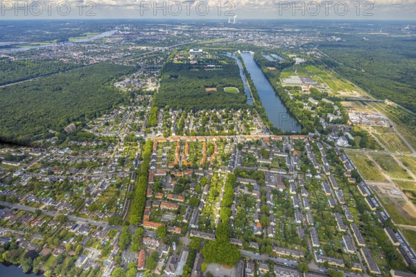 Aerial view, Duisburg-South with railway workers' housing estate Wedau, regatta course, sports park