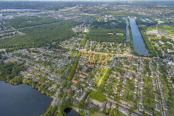Aerial view, Duisburg-South with railway workers' housing estate Wedau, regatta course, sports park