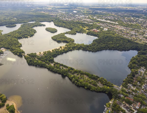 Aerial view, Sechs-Seen-Platte and outdoor swimming pool Wolfssee with sandy beach, Wedau,