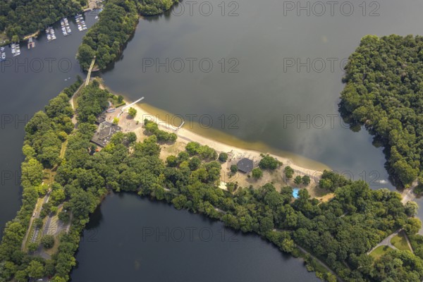 Aerial view, outdoor swimming pool Wolfssee with sandy beach at the Sechs-Seen-Platte, Wedau,