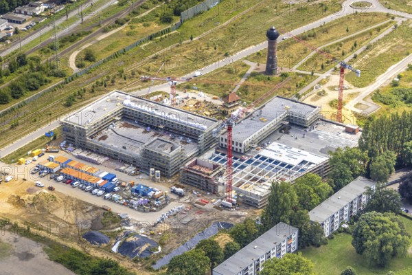 Aerial view, construction site with new building at the former Wedau marshalling yard for a new
