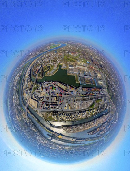 Aerial view, duisport harbour, harbour area with steel island, oil island, coal island container